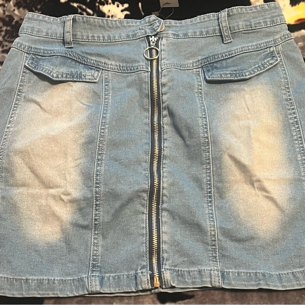 Allegra K Light Blue Denim Front-Zip Mini Skirt